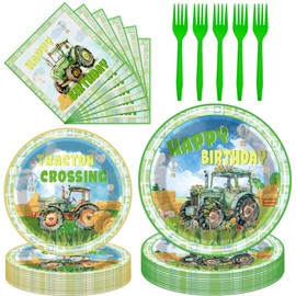 iPartyGo Tractor Birthday Party Decorations - 96 PCs Farm Green Plates and Napkins Forks Tableware Set Kids Boys Disposable Paper Lawn Dessert Dinner Dinnerware Supplies Decor Favors Serve 24 Guests