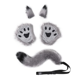 Fxaelian Anime Comic Animal 5 PCS Pack Fox Cat Dog Wolf Paws Tail with Ears Hair Clips Set Faux Fur Holloween Cosplay Party Costume Accessories F Grey Black