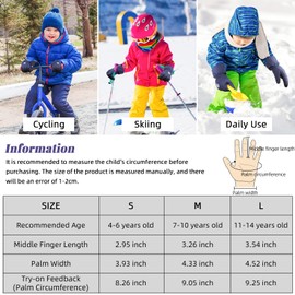 QKURT Children's Ski Gloves, Children's Winter Warm Gloves, Windproof Snow Mittens Girls Boys Cold Weather Gloves, Sledging Mittens, Snowboard Gloves, Skating Mittens