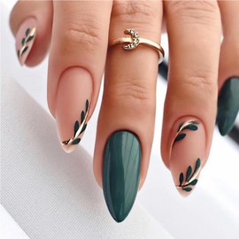 Green Press on Nails Medium Almond Fake Nails with Designs Leaf Gold Line False Nails Press ons Glossy Full Cover Glue on Nails Cute Acrylic Nails Artificial Stick on Nails for Women Manicure 24 Pcs