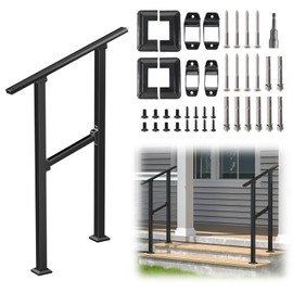 Muzata 2 Step Handrail for Outdoor Stair Black Wrought Iron Stair Railing Fits 1 to 2 Step Outdoor Handrail Porch Railing Kit HK43