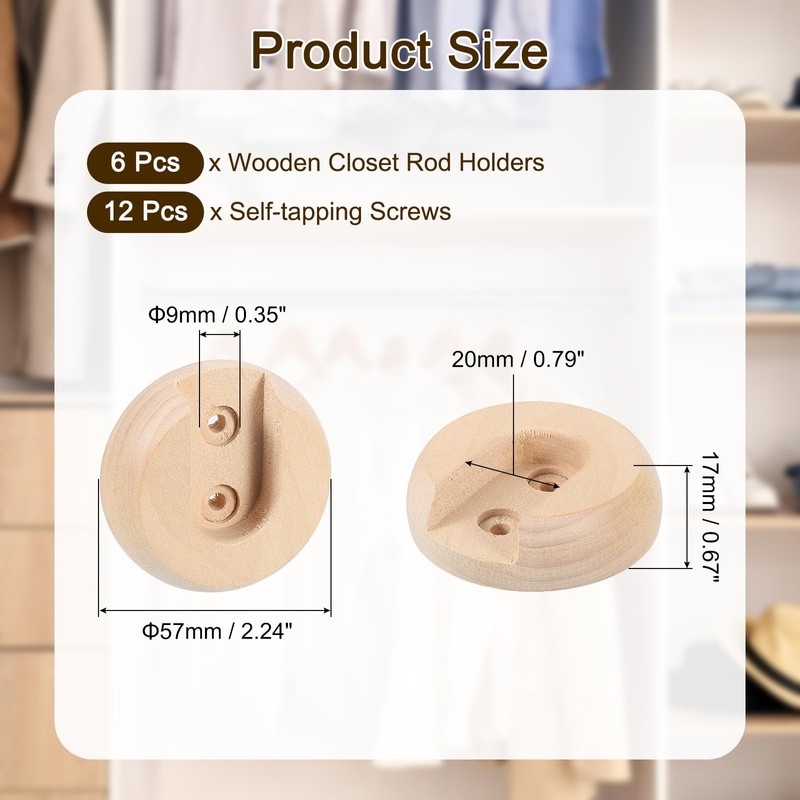 uxcell 6Pcs Wooden Closet Rod Holders, Wardrobe Rod Brackets End
