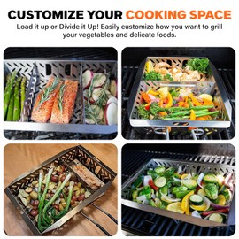 Proud Grill UltraVersatile Stainless Steel Grill Basket - Large Vegetables, Meat & Fish Pan for Outdoor BBQ Grilling, Griddle Basket with Detachable Handle & Movable Dividers, Barbecue Accessories