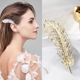 Cybche Strass Feder Haarspange Gold Cz Blatt Haarspangen Kristall Feder Clip Barrette Strass Blatt Haarspangen Kristall Blätter Haarnadel Funkelnden Haarschmuck Für Frauen (2pcs)