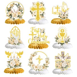 First Holy Communion Honeycomb Centerpieces, Baptism Decorations, God Bless Religious Party Table Decor, First Communion Table Centerpiece, Christening Baby Shower Party Decorations 9PCS
