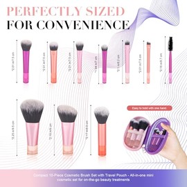 Juego de 10 brochas de maquillaje de viaje portátiles con bolsa, cerdas sintéticas suaves de cara completa para base, sombra de ojos, contorno de rubo