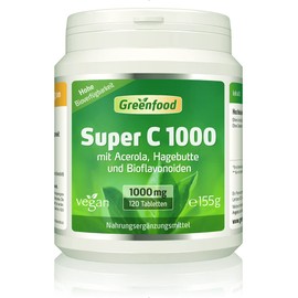 Super C, 1000 mg Vitamin C, high dose, 120 tablets, vegan - with acerola, rose hip, bioflavonoids. For a strong immune system. Protects cells. No Artificial Additives, No Genetic Engineering,