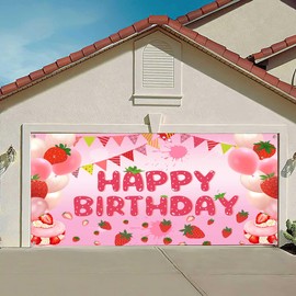 Strawberry Birthday Garage Door Decorations Background Banner Happy Birthday Party Decorations Colorful Happy Birthday Yard Sign backdrops Photo Indoor Outdoor Birthday Party Decor Banner Cover 8X7FT