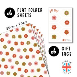 Birthday Wrapping Paper For Women - Retro Flowers - 6 Sheets Of Floral Gift Wrap For Her - Wedding Hen Do Anniversary - Comes With Stickers - By Central 23