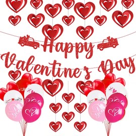 Valentine Decorations Set, Happy Valentines Day Banner, 18pcsBalloons & 20 pcs 3D Hearts Hanging Decoration, Valentines Day Party Decor for Home, Wall,Ceiling