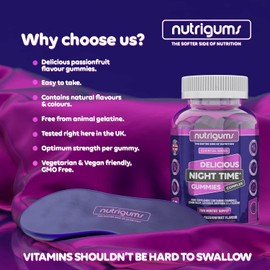 Night Time Relaxation Gummies | Chamomile, Lemon Balm, Lavender, Griffonia & L-Theanine | Passionfruit Flavor | 60 Vegan Gummies | Sleep & Relaxation Support by NUTRIGUMS®