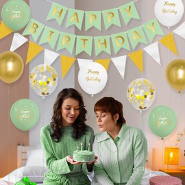 Happy Birthday Banner for Girls Women Birthday Party Decorations Sage Green Birthday Decorations for Women Girls with 16pcs Thick 12 Inch Sage Green Birthday Party Balloons by Wonsta
