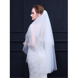 JWICOS Gorgeous 2 Tiers Bride Veil Fringertip Bridal Tulle Veil with Comb and Cut Edge for Wedding Hen Party (White)