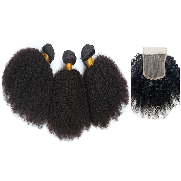 Aiokrtse Peruvian Virgin Hair Afro Hair Curly Human Hair Bundles Hair Extensions 100% Human Hair 40 18 20 14 Inch Machine Made 4x4 Lace Middle Part Natural Color