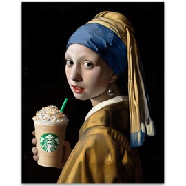The Girl with a Pearl Earring Drinking Frappuccino-11x14 Funny Portrait Poster-Oil Painting Reproduction by Johannes Vermeer-Coffee Lover Artwork for Kitchen Decor & Cafe Gallery- Vintage Modern Charm