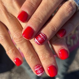 Christmas Press on Nails Short Square French Tip Fake Nails Red Winter False Nails with Designs White Snowflake Glossy Winter Glue on Nails Xmas Acrylic Nails for Women Girls 24 Pcs