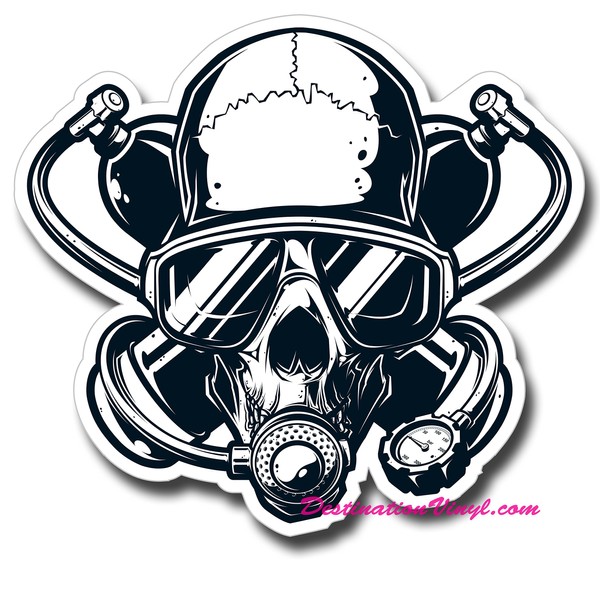 2 x Glossy Vinyl Stickers - Scuba Diver Skull Twinset