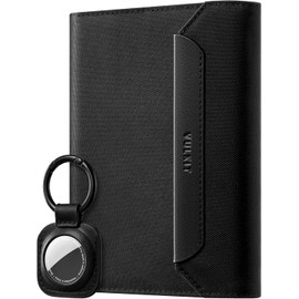 VULKIT Funda Pasaporte con Porte Airtag Desmontable, Porta Pasaporte y Tarjetas de Cuero Vegano para Viajes, Negro