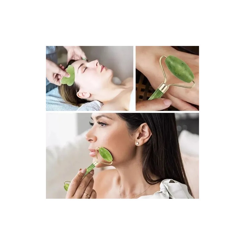Rodillo De Jade Y Guasha Kit Masaje Facial Antiedad Tonifica
