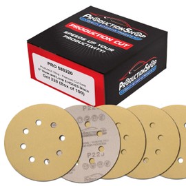 ProductionShop Premium 220 Grit 5" Gold Sanding Discs, 8-Hole Pattern, Box of 100 - Dustless Hook & Loop Backing Sandpaper for DA & Random Orbital Sanders, Sand Auto Paint, Wood Woodworking Furniture