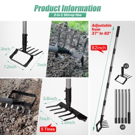 Suchtale 82 Inch Stirrup Hoe and 5-Tines Rake, Action Hoe for Weeding, 2 in 1 Scuffle Hoe with 37-82" Adjustable Handle, Cultivator for Loosening Soil, Loop Hoe for Garden Weeding and Planting