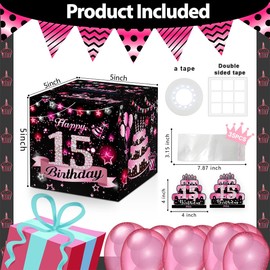 Money Box for Cash Birthday Gift, 15 Years Old Surprise Box Gift Box for Money Pull, 15th Birthday Money Gift Ideas, Pink Birthday Party Decor, Money Gift Box DIY Set -Included 35 Bags
