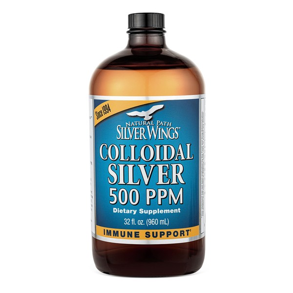 Natural Path Silver Wings Colloidal Silver 500ppm (2,500mcg) Immune Support Supplement 32 fl. oz.