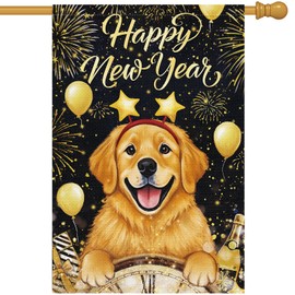 Happy New Year Garden Flag 28x40 Inch Double Sided Burlap for Outside，Golden Retriever Dog Fireworks Holiday House Flag