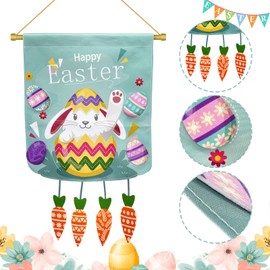 Easter Decorations Outdoor - Easter Decorations - Easter Bunny Welcome Garden Flag Banner Double Sided - Spring Seasonal Decoration - Yard Flag with 3D Print Easter Eggs and Hanging Carrots