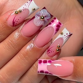 24 Pcs Handmade Press on Nails Long Square Nail Tips,YEFIUO White French Acrylic Fake Nails Press ons 3D Steel Ball Nail Charms Design Glue on Nails Full Cover Reusable False Nails Art Kit for Ma'am