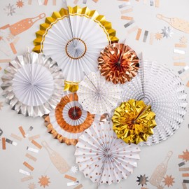 Cheerland 8 Pcs Champagne Gold Rose Gold Silver Folding Hanging Paper Fan Kit with Circle Garlands and Glitter Garland Ceiling Wall Decoration Graduation Party Birthday Wedding New Year Party Supplies