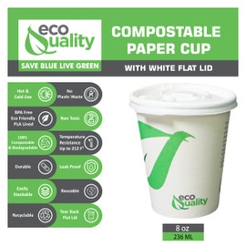 8 oz Compostable Paper Cups with White Flat Lids - Biodegradable Disposable White Paper Coffee Cups PLA Lined - Eco-friendly Hot and Cold Drinking Cups (25)