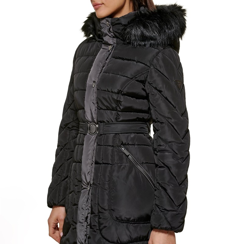 GUESS Women's Midweight Puffer Jacket, Belted Black, Small