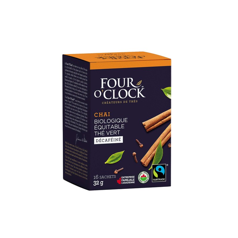 Four O'Clock Organic Fairtrade Chai Green Tea Decaffeinated, Non-Gmo, Kosher,