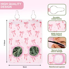 JarThenaAMCS 2Pcs Rabbit Hay Feeder Bag with 2 Holes Pink Bow Guinea Pig Hanging Hay Feeding Bag Storage Dispenser for Chinchilla Hamster Bunny Small Animal Pet