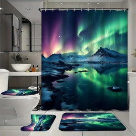 SOPIYRIO Green Aurora Borealis Waterproof Shower Curtain Set (72x72 Inch) with Non-Slip Bath Rugs, 4 Piece Modern Arctic Nature Snowy Mountain Bathroom Set Includes U-Shaped Mat & Toilet Seat Cover