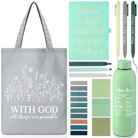Sayglossy 11 Pcs Bible Journaling Kit Bible Study Supplies Christian 16oz Tumbler Journal Tote Bag Pen Highlighter Sticky Note Religious Gift Set for Women Back to School Teacher Student VBS(Green)