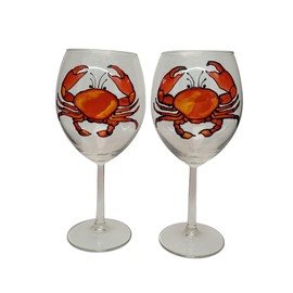 Red Crab Stemmed Hand Painted Wine Glasses Set of 2