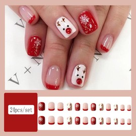 Wedity 24 Pcs Christmas False Nails Cute Santa Claus Snowflake Elk Fake Nails Short Nail Press On False Nails (B)