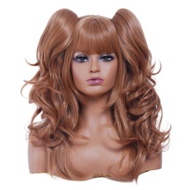 Rugelyss Long Wavy Light Brown Pigtail Wigs for Women with 2 Claw Ponytails Synthetic Hair Wig with bang fits for Cosplay or Cotume Party