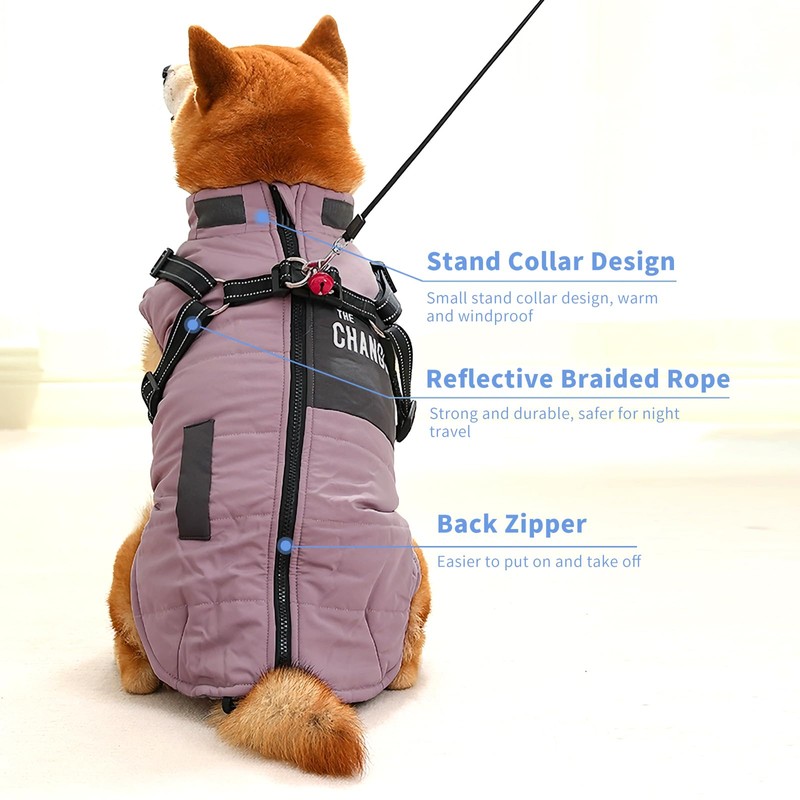 EOAMGO Dog Coat, Waterproof Dog Coat with Harness, Warm Coats
