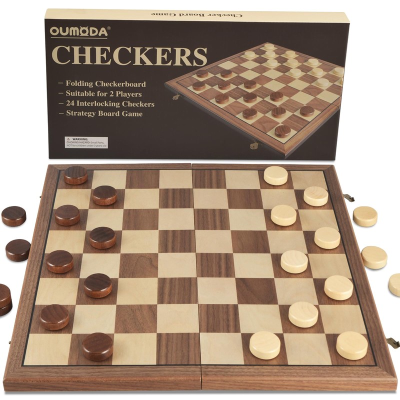 OUMODA Walnut 15" Magnetic Checkers Board Game Set - Folding