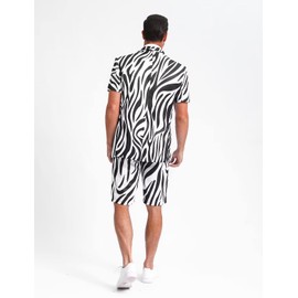 Fashonal Mens Zebra Print Costume Suits for Prom Themed Party, Short Sleeve Blazer Shorts Set with Tie, Zebra Print Size L
