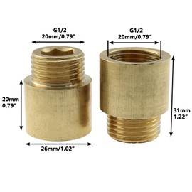 LUORNG 2PCS Shower Head Extension Arm Brass G1/2 Male to G1/2 Female Thread 20mm Length Pipe Fitting Shower Head Extension for Garden Swimming Pools Fuel Equipment Pipework Connection