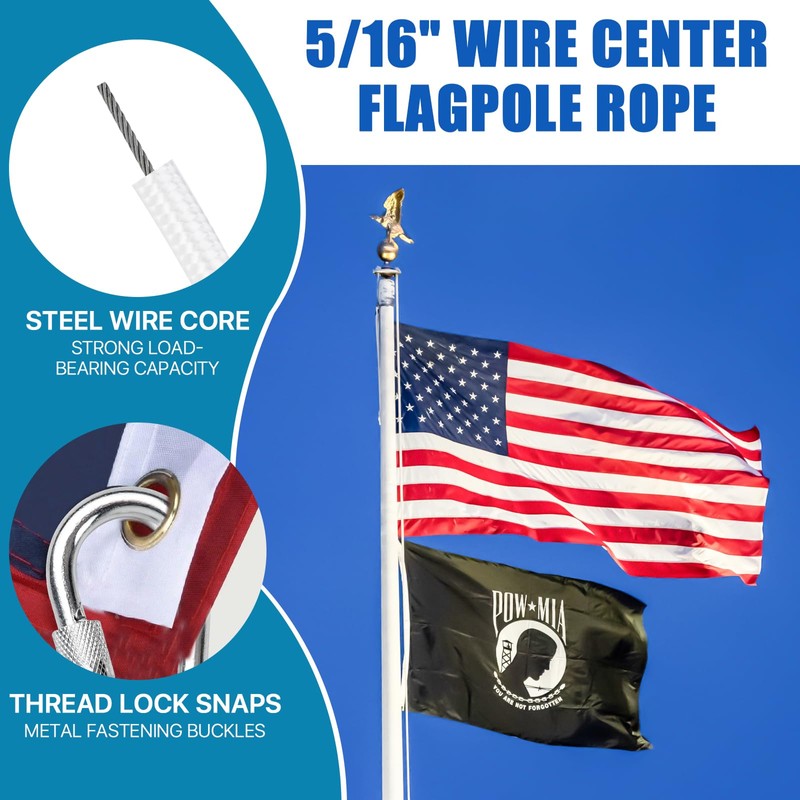 Aemygo 5/16 Inch Wire Center Flagpole Rope, 100 ft White