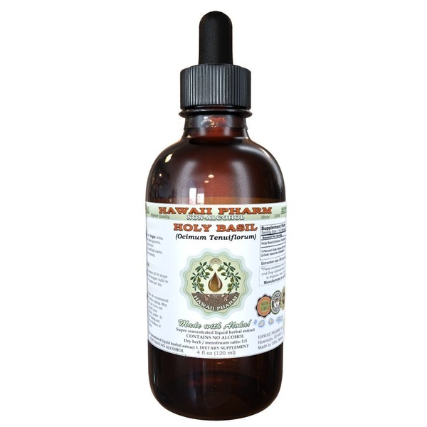 Holy Basil Alcohol-Free Liquid Extract, Organic Holy Basil (Ocimum tenuiflorum) Dried Leaf Glycerite Hawaii Pharm Natural Herbal Supplement 4 oz