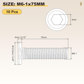 METALLIXITY Flat Head Hex Socket Cap Screws Bolts(M6-1x75) 10Pcs, 304 Stainless Steel Hex Socket Furniture Bolts Screws - for Furniture Woodworking Project, Silver Tone