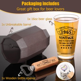 WelDesine 60th Birthday Gifts for Men, Vintage 1965 Beer Glass Set of 16oz in Barrel Box, 60 Year Old Gift Ideas for Him Husband Dad, Pint Glass for 60th Birthday Decorations & Wedding Anniversary