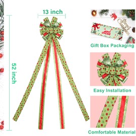 Christmas Tree Topper Wreath Bow Large Green Christmas Bow Tree Topper with Red Green Dot Patterned Gift Bow for Xmas Ornament Holiday Home Wedding Thanksgiving Indoor/Outdoor Decoration 52"x13"