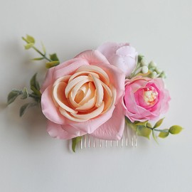 Fangsen Boho Pink Rose Flower Leaves Floral Comb With Spring Wedding Hair Piece and Hair Vines for Brides Flower Girls and Bridesmaids Silver